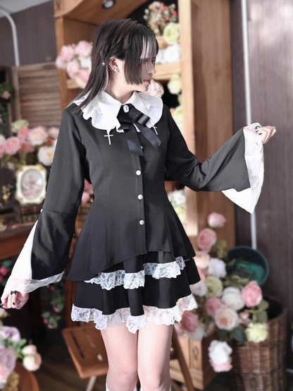 Tiered Lace Gothic Flat Skirt Collar with + Set: Two-Piece White and Black Bell Pointed Trim Sleeves Top