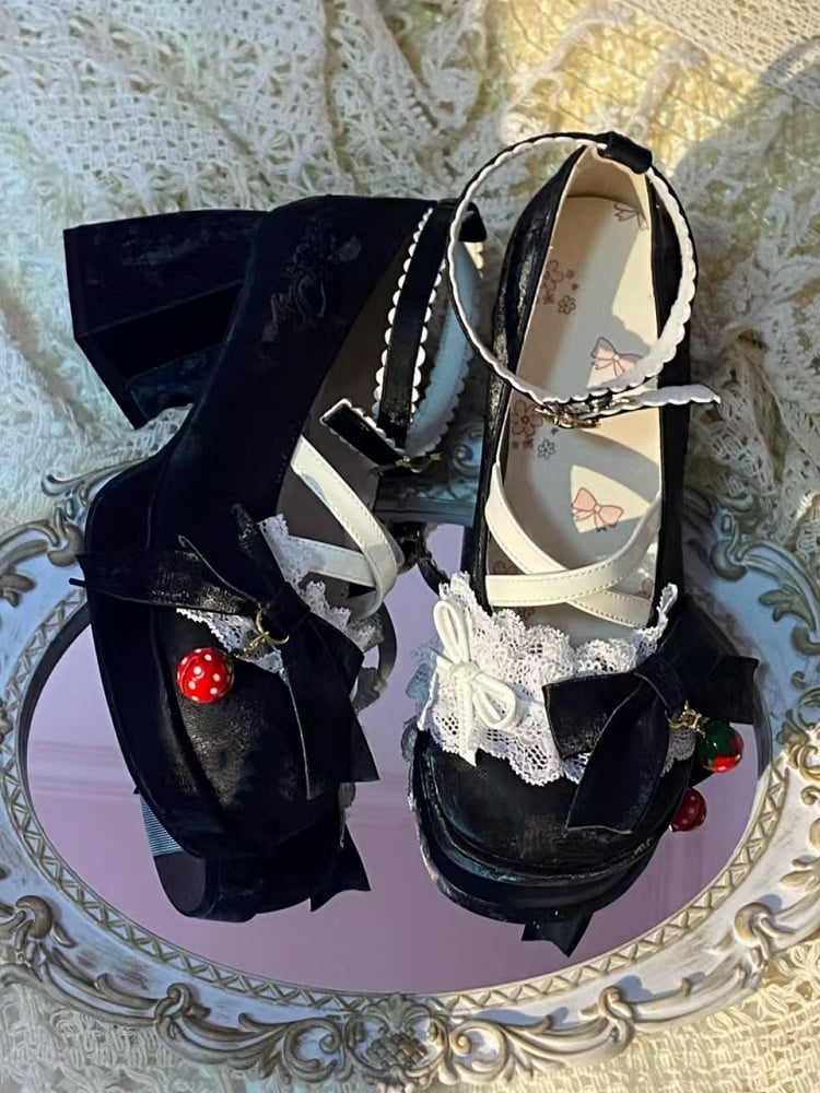 with Closure Lolita Sweet Straps Mary Crisscross Janes Black High-heel Strawberry Snap