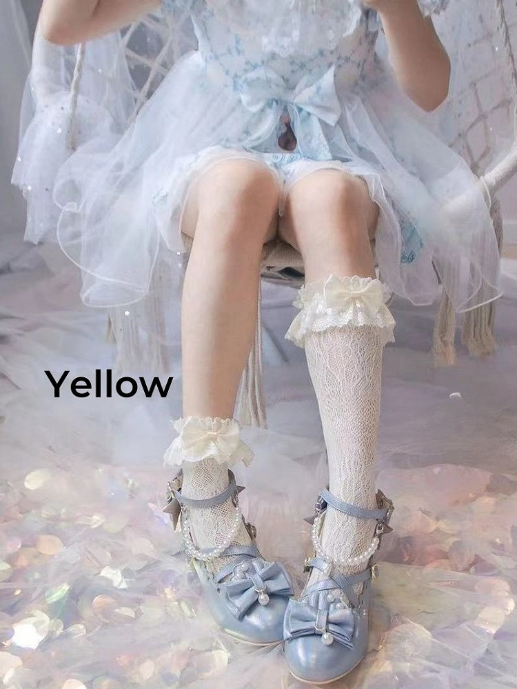 White/Yellow/Black Big Bow Ruffled Lace Cuff Calf Socks