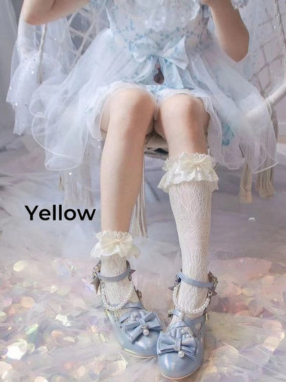 White/Yellow/Black Big Bow Ruffled Lace Cuff Calf Socks