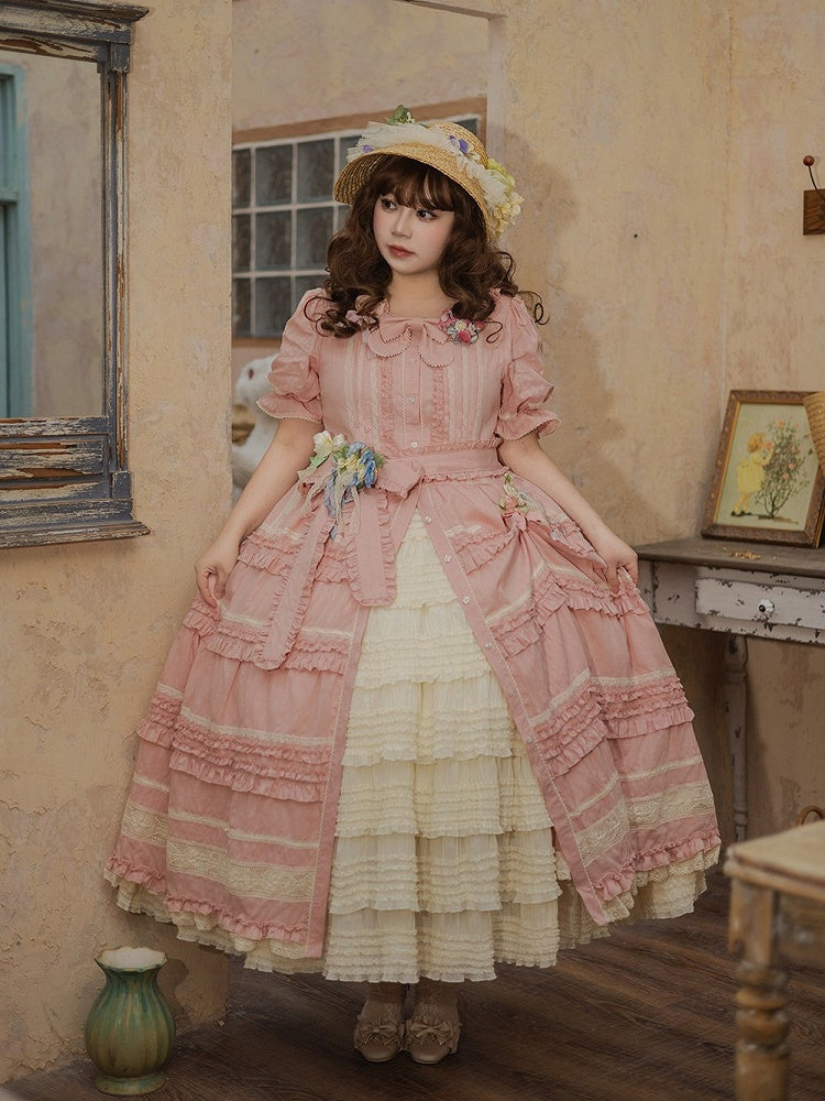 Pink Layered Ruffles Elegant Dress with Front Buttons - Miss Point