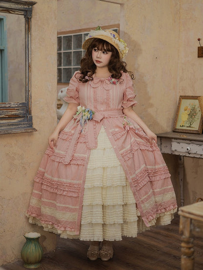 Pink Layered Ruffles Elegant Dress with Front Buttons - Miss Point