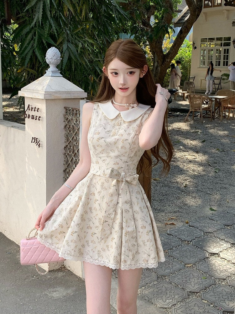 Apricot Floral Dress with Lace Trim - Qchiwawameme