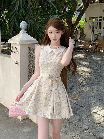 Apricot Floral Dress with Lace Trim - Qchiwawameme