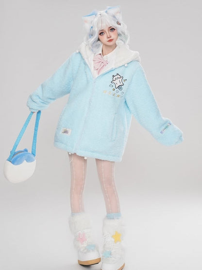 Cartoon-Druck mit Kapuze blau Eichhörnchen Mantel Ohren Fleece