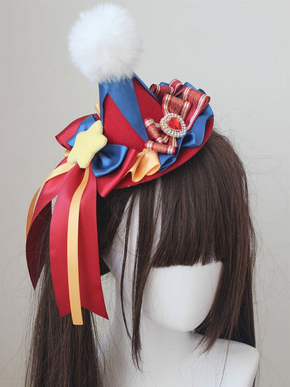 Blue And Red Circus Sweet Lolita Star And Beaded Bowknot Pompon Mini Hat