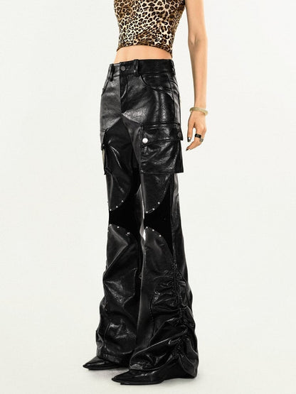 Black/Brown Punk PU Leather Trousers with Pleated Design
