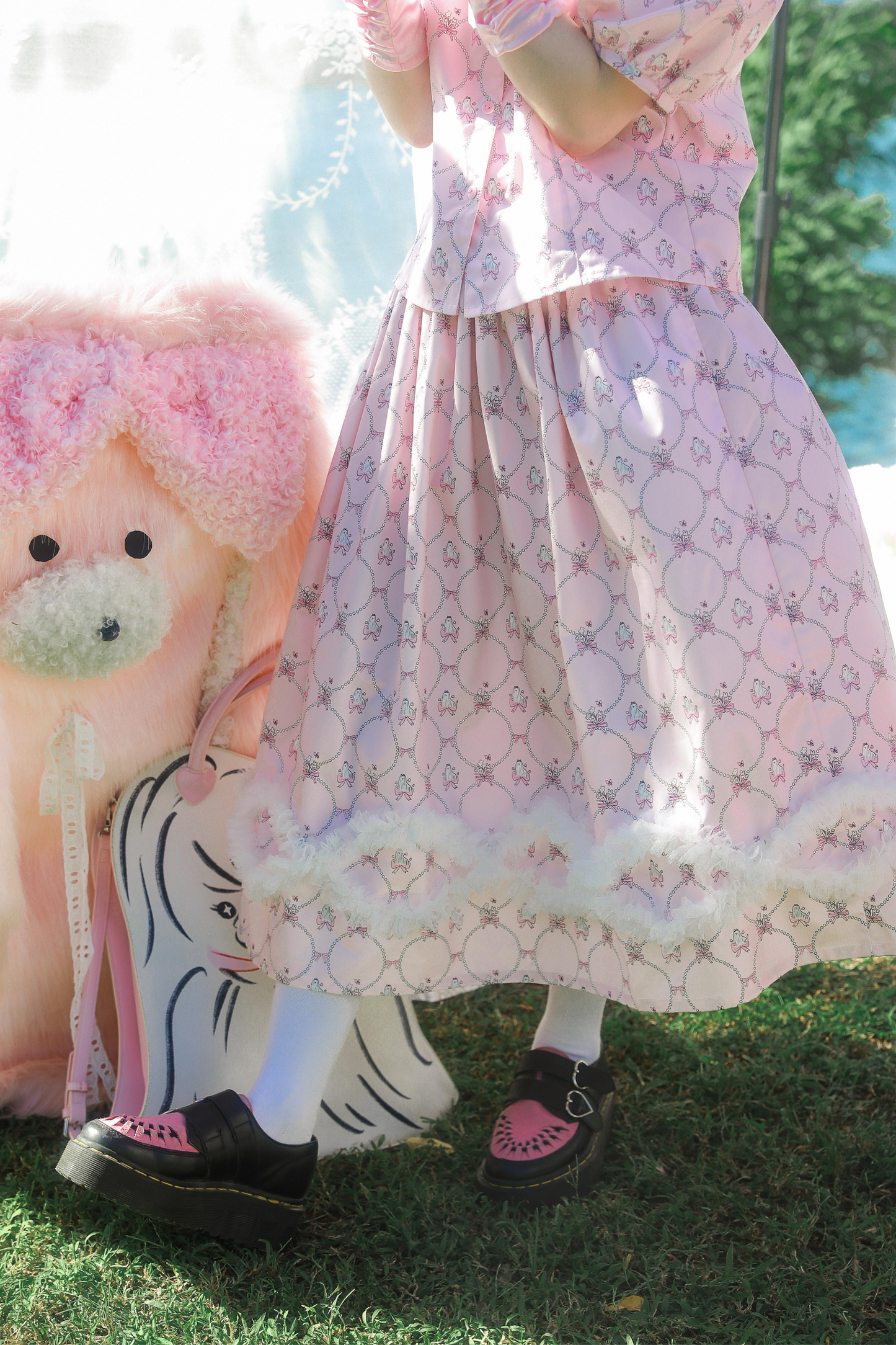 メッシュパールウェーブプリントピンクアニマルスカート