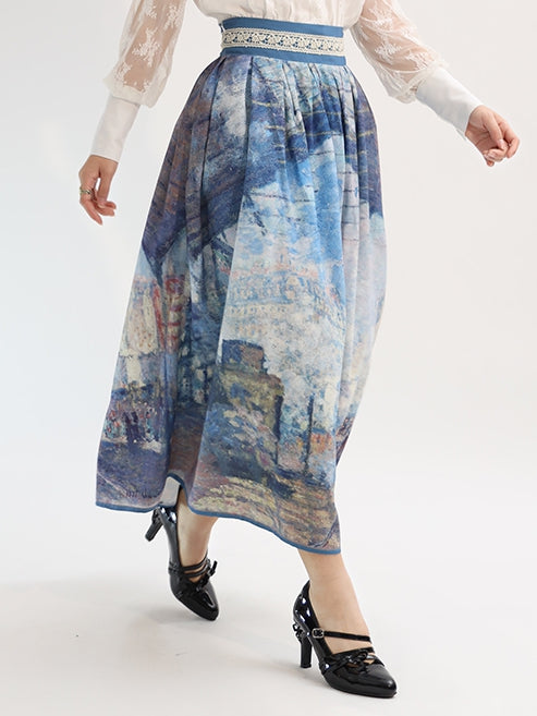 バージョンウエストスカートショートサンラザール油絵プリントブルーハイガール