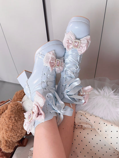 Blue Sweet Lolita Boots with Rhinestone Accents - Sheep Puff