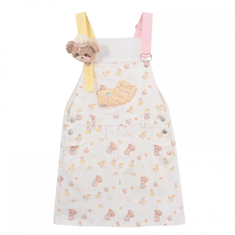 Bären-Stickerei-Applikation, weißer Plüsch-Keks mit Allover-Print, Overall-Rock