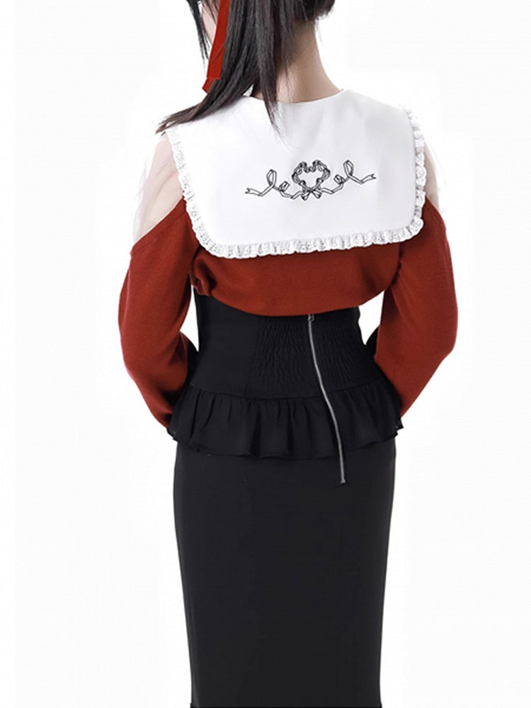 Wine Red/Grey Peter Pan Collar Sweater