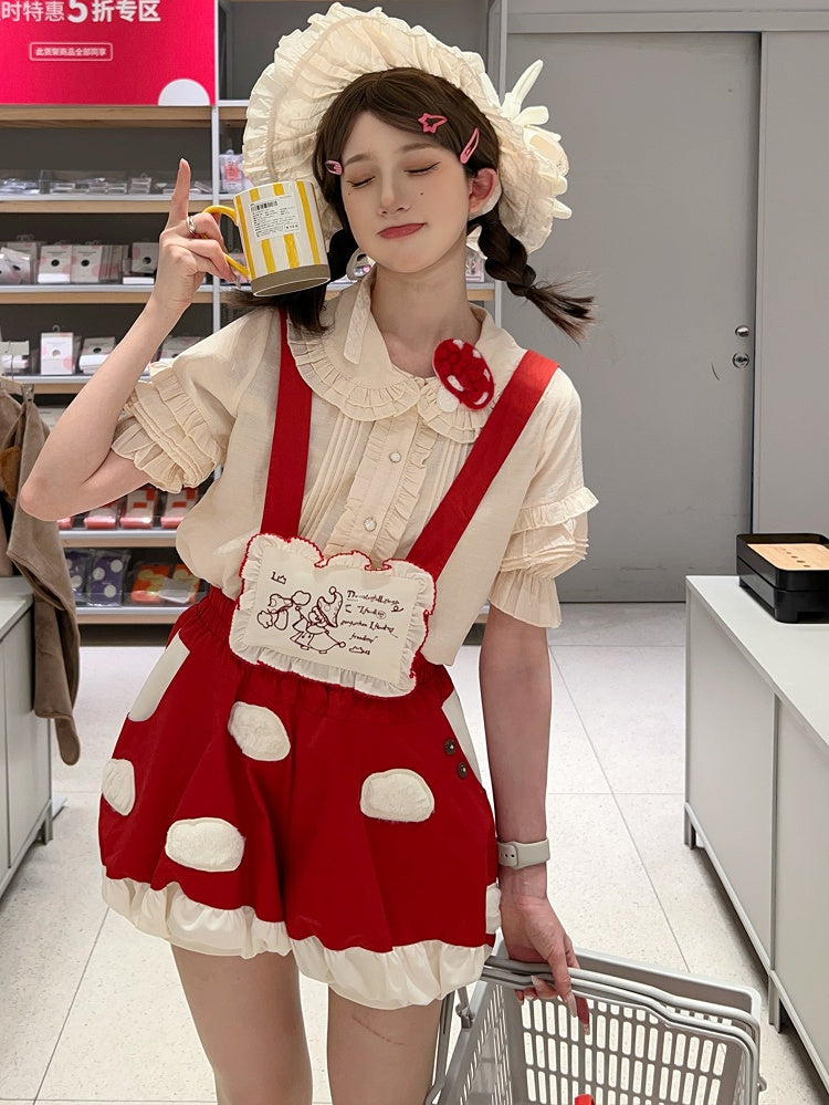 Fleece Detachable Spot Straps White Red Applique with Short Lolita Mushroom Sweet Bubble