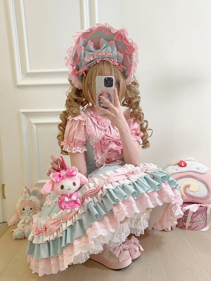 and Hemline Old Pink Decorated Sweet Layered Green Ruffle Bows