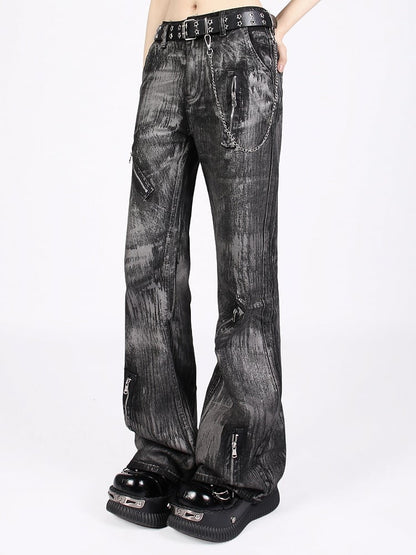 Vintage Punk Graffiti Black Low-Rise Jeans with Asymmetrical Zipper Design