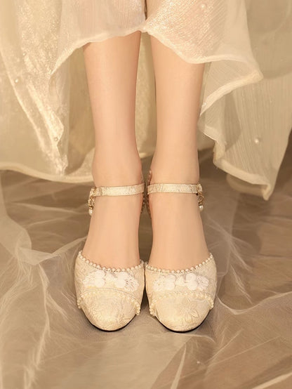 Beige Details - Floral Beads Button Lolita Sandals Mid-heel Frog Pattern Qi Satin