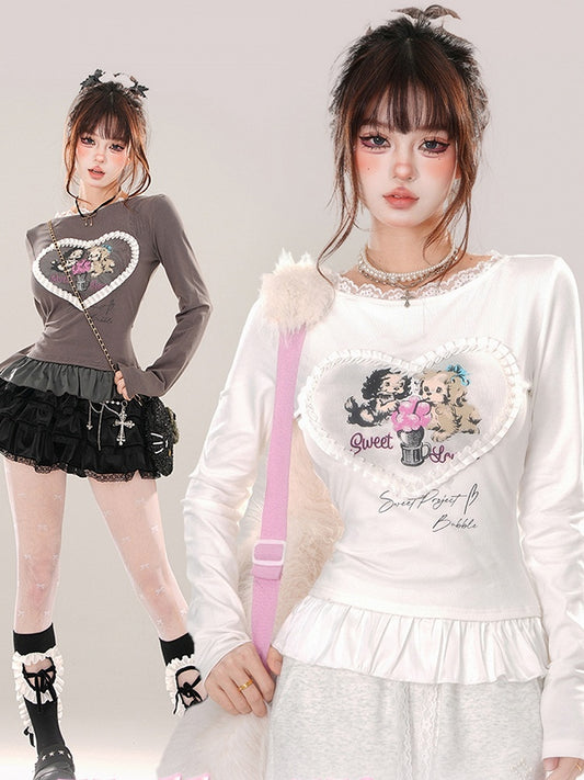 グレー/ホワイト パピーズプリント フリルヘム スリムフィット Tシャツ