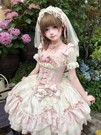 Ballet Pink Square Neck Puff Sleeve Lolita Dress with Roses - Rose Weaving Poetry