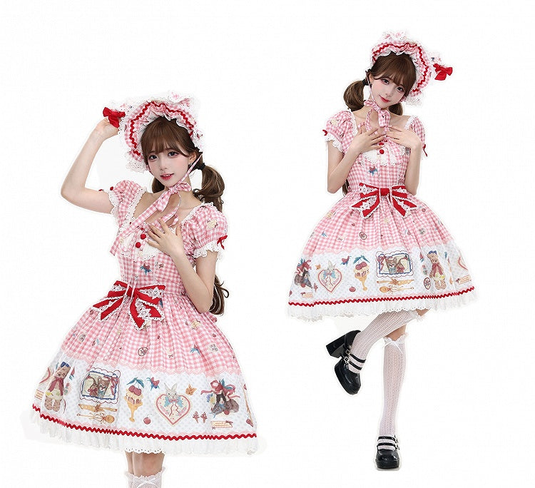 Dress Sweet Lolita and Teddy Cherry Dessert Gingham Pink Print