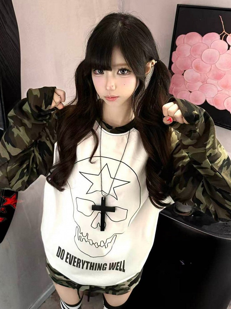 White Skull Print Camo Long Sleeve Punk Top - DETW OnLine