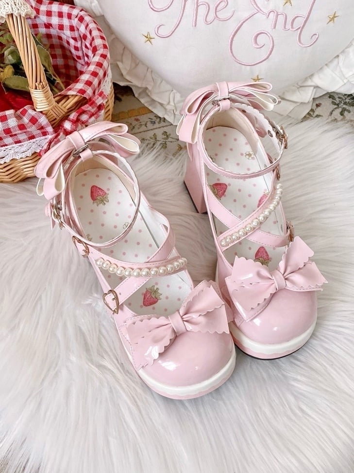 Shoes at - High Bow Platform Sweet PU Straps Lolita Top Beaded Block Decor Crisscross Heel Pink