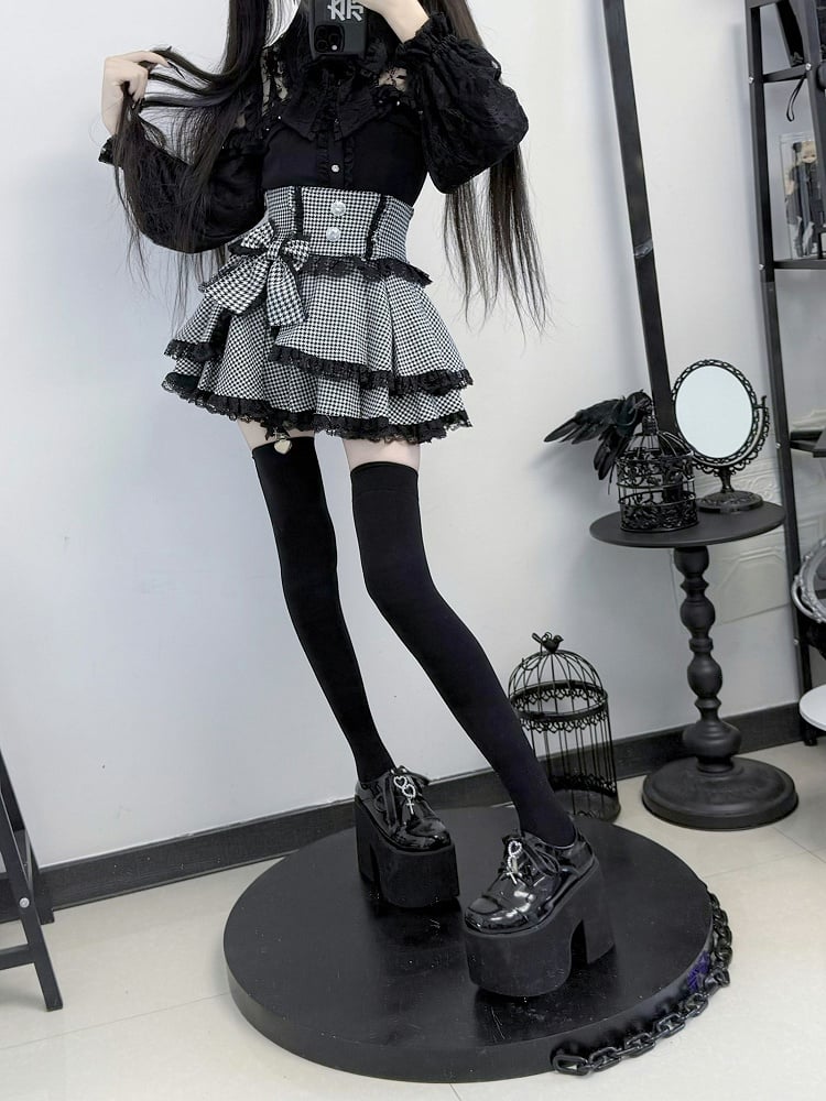 Tiered Skirt with Black Lace Trim  Bowknot Embellishment Jirai Kei Houndstooth