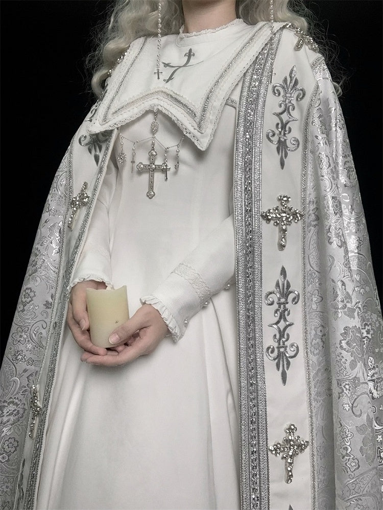 Embroidery Silver Cross Lolita Decorated Details Nun White and Cloak