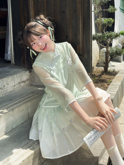 Green Willow and Swallow Print Cheongsam Light Style