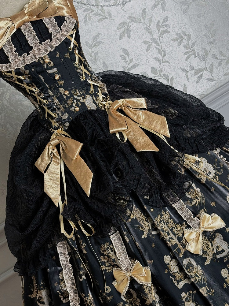 Overlay Taille Korsett Kordelzug Schwarz Rock Lolita Pullover und Gold