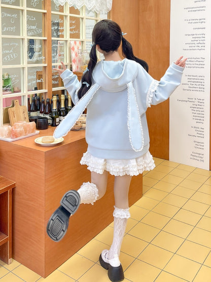 Yume Kawaii Blue Bunny Ear Hood Rabbit Print Hoodie