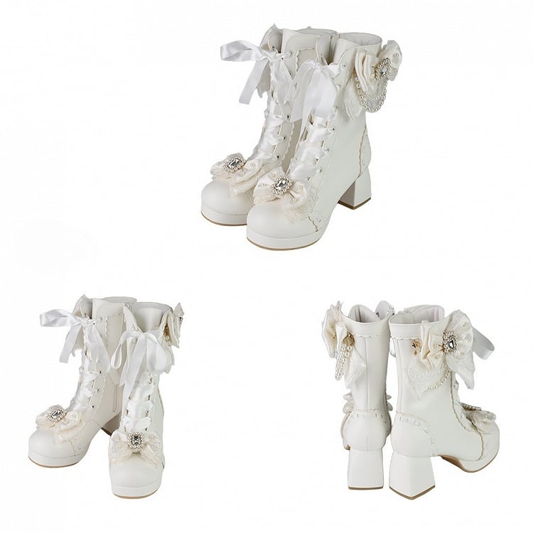 White Sweet Lolita Boots with Elegant Lacing - Sheep Puff