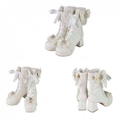 White Sweet Lolita Boots with Elegant Lacing - Sheep Puff