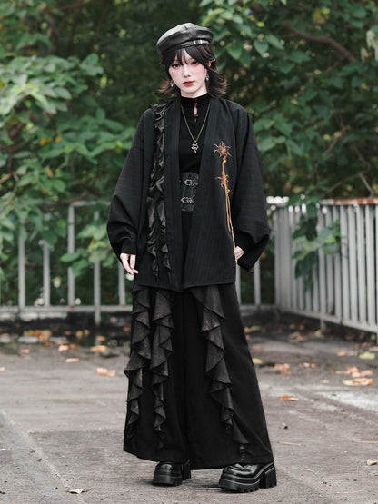 Gothic Black Pipa Sleeve Cardigan with Mandala Embroidery, Tassels and Ruffle Edging - Quirky Hut