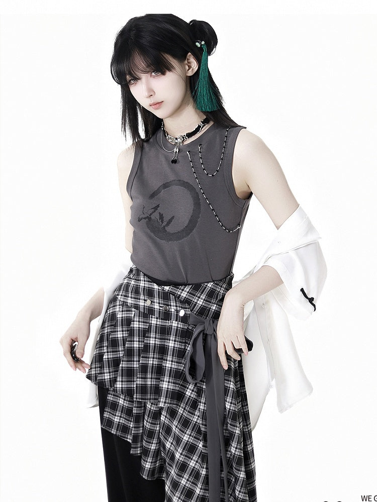 Dunkelgraues, kurzes, abnehmbares Tanktop mit Kranich-Print und Perlenketten