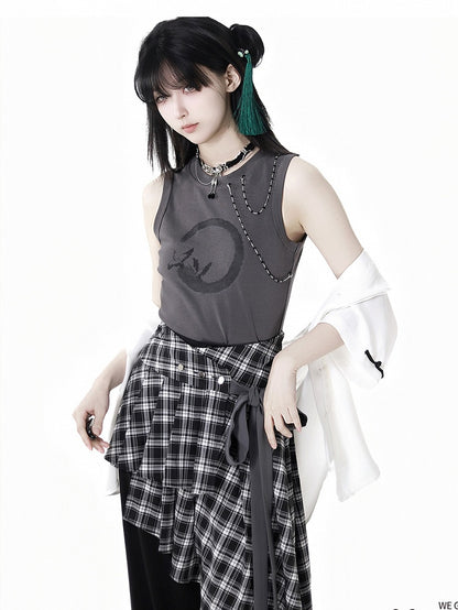 Dunkelgraues, kurzes, abnehmbares Tanktop mit Kranich-Print und Perlenketten