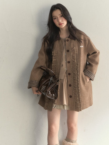 Brown Cuffs with Plaid Coat Sweet Details Ruched Houndstooth