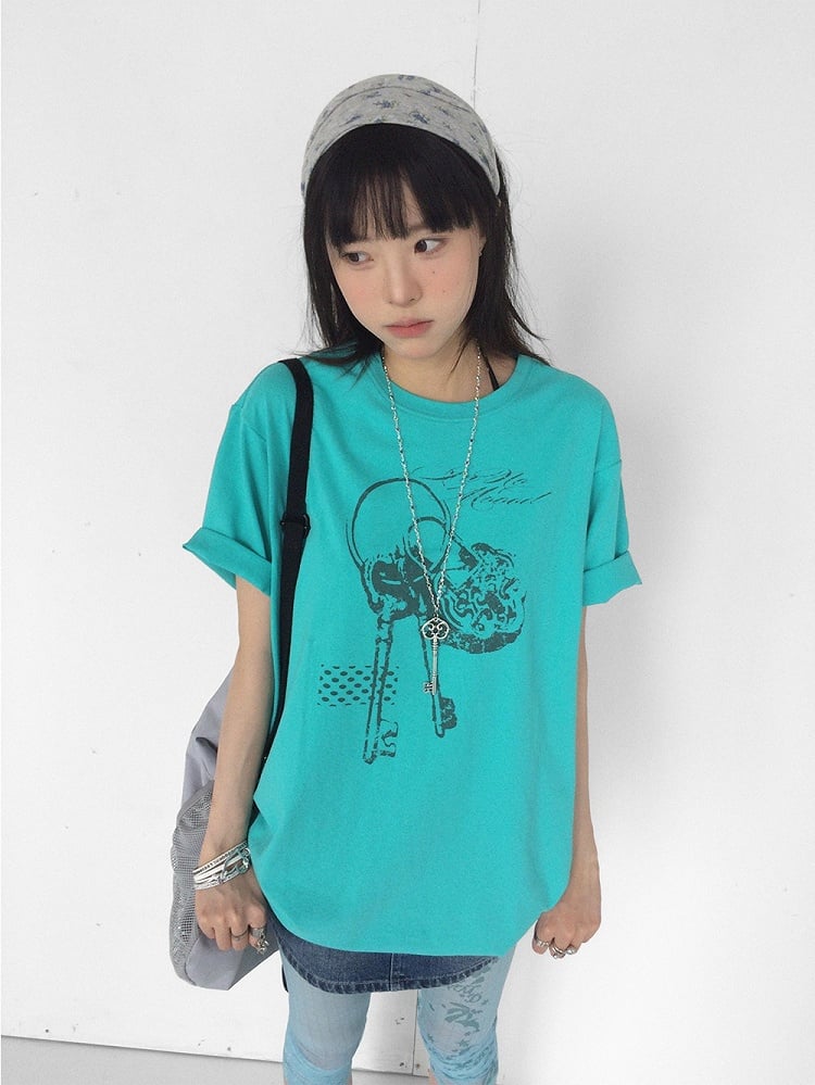 Casual Kawaii Cyan Round Neck Short Sleeve Tee with Key Print