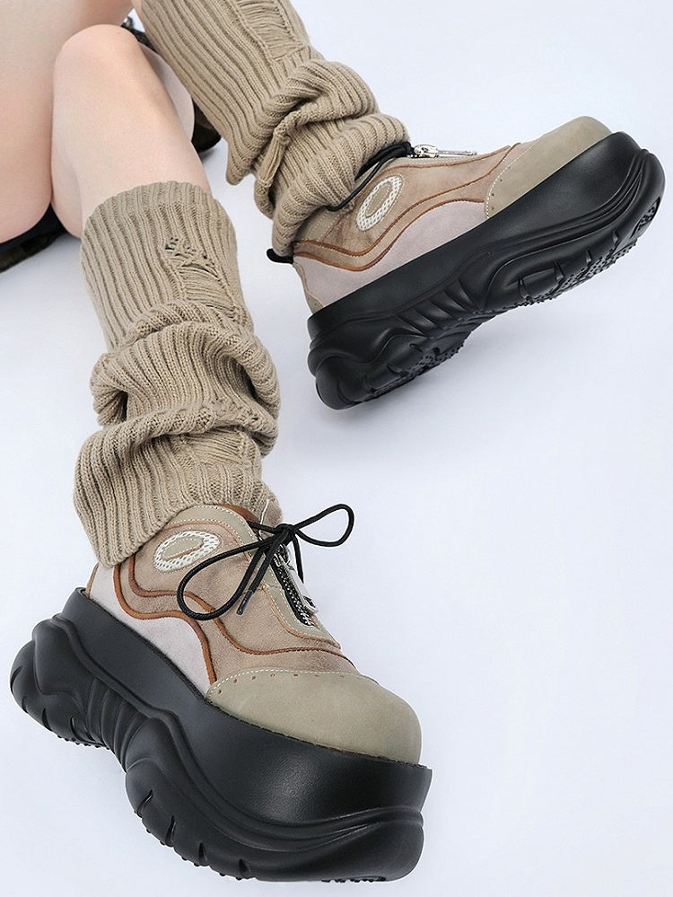 Punk Shoes Strap - with Sole Platform Zip Closure Black Upper Khaki Wasteland Self-tie