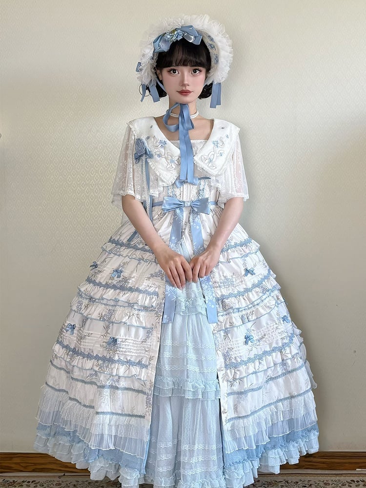 Ruffles White Floral Version Short Blue Lolita Classic Print Elegant Layered Dress