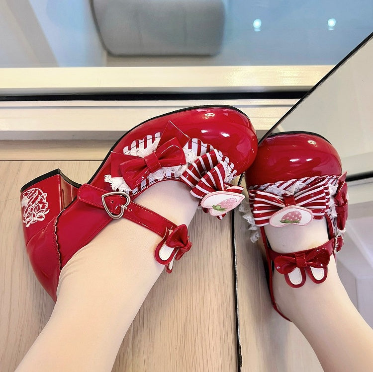 Wine Red Bunny Themed Sweet Lolita Mid-heel Mary Janes with Striped Bow, Bunny Ear Accents & Heart Snap Closure