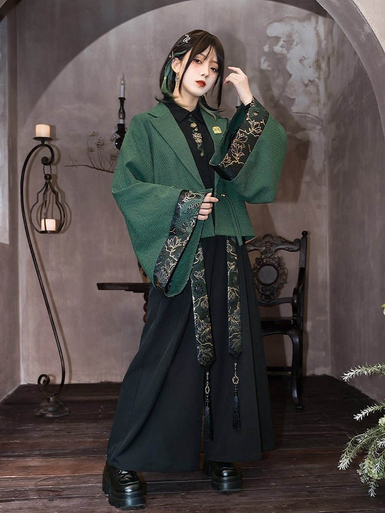 Sleeves Snake Crop with Brocade Han Cheongsam Gothic Green Wide Blazer