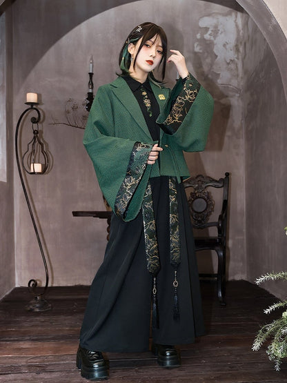 Sleeves Snake Crop with Brocade Han Cheongsam Gothic Green Wide Blazer