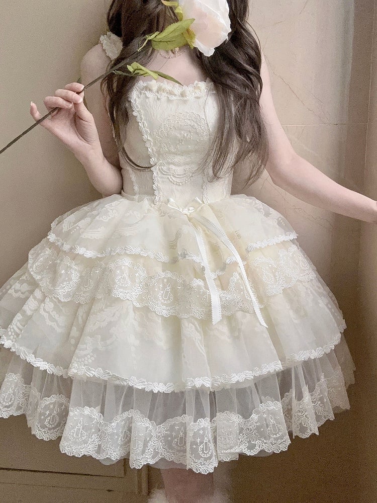 Korsett Stufenkleid Lolita Rock Weiß Creme Prinzessin