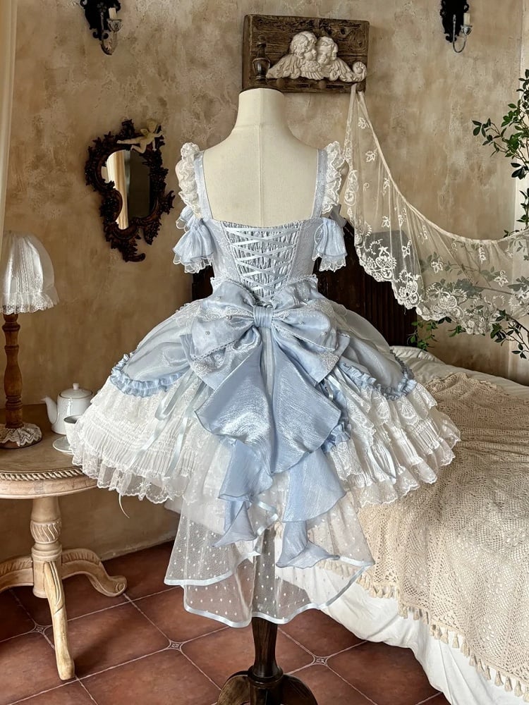Blue White Layered Drawstring Princess JSK Bow Train Dress - Iris fleur