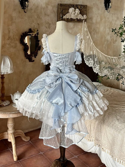 Blue White Layered Drawstring Princess JSK Bow Train Dress - Iris fleur