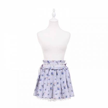 ライトパープルのアジサイプリントボックスプリーツトリムレーススカート