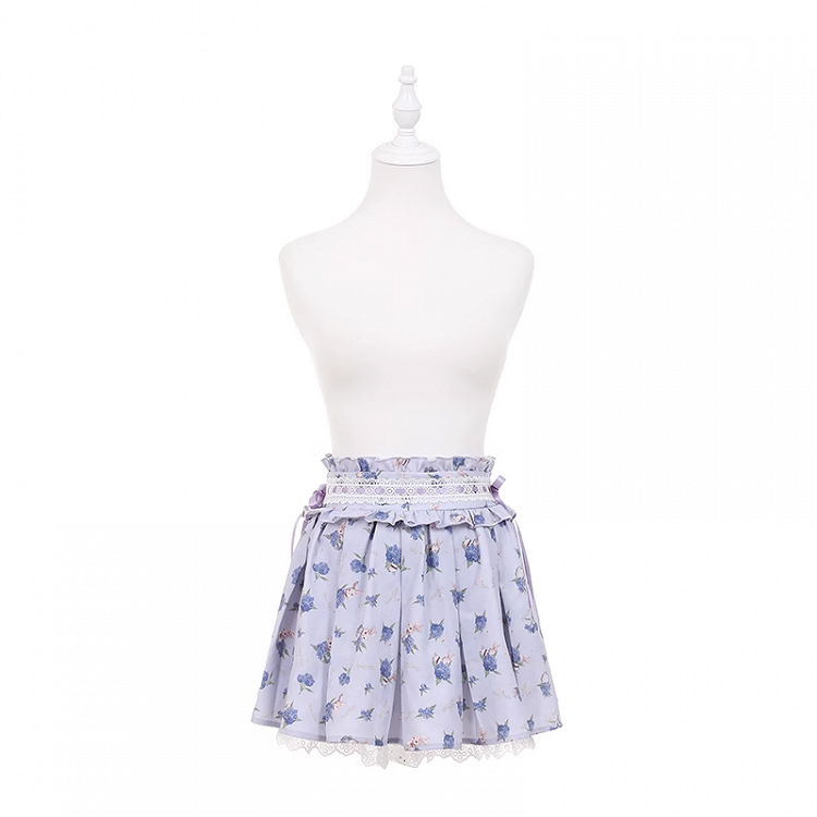 レーストリムスカート ライトパープル アジサイプリント ボックスプリーツ