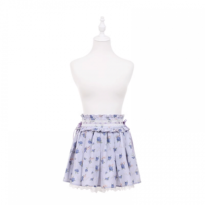レーストリムスカート ライトパープル アジサイプリント ボックスプリーツ