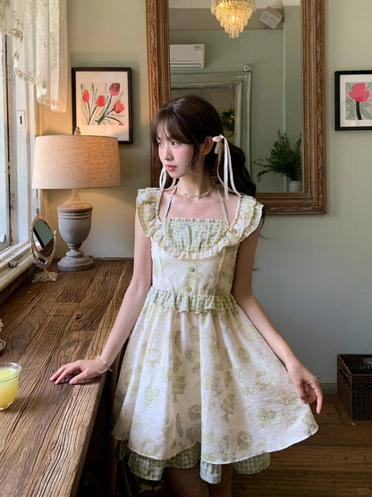 Kei グリーン チェック柄 フラッタースリーブ ホルターネック ドレス ライトカートゥーンプリント モリ