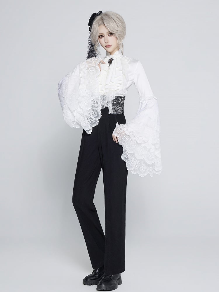 White Bell-Sleeve Aristocrat Shirt with Flounce Lace Neck - DevilInspired Exclusive Collection